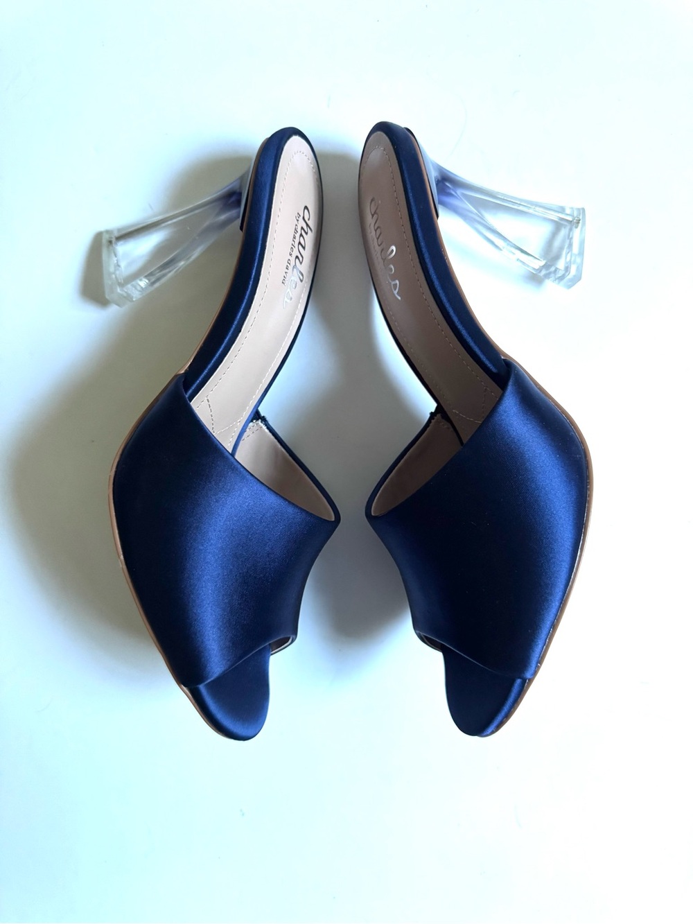 Charles by Charles David Blue Satin Slide Mules with Clear Lucite Heel Sz-6